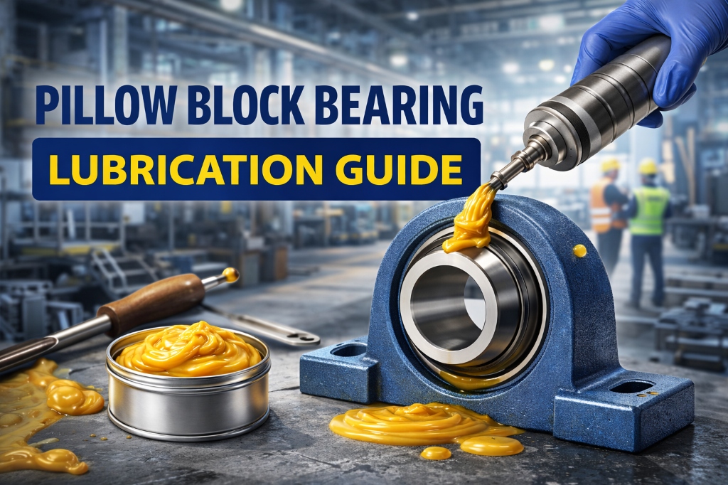 Industrial grease being applied to a pillow block bearing
