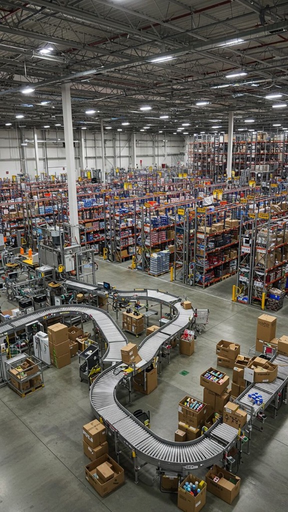 Conveyor belt system using pillow block bearings in logistics facility